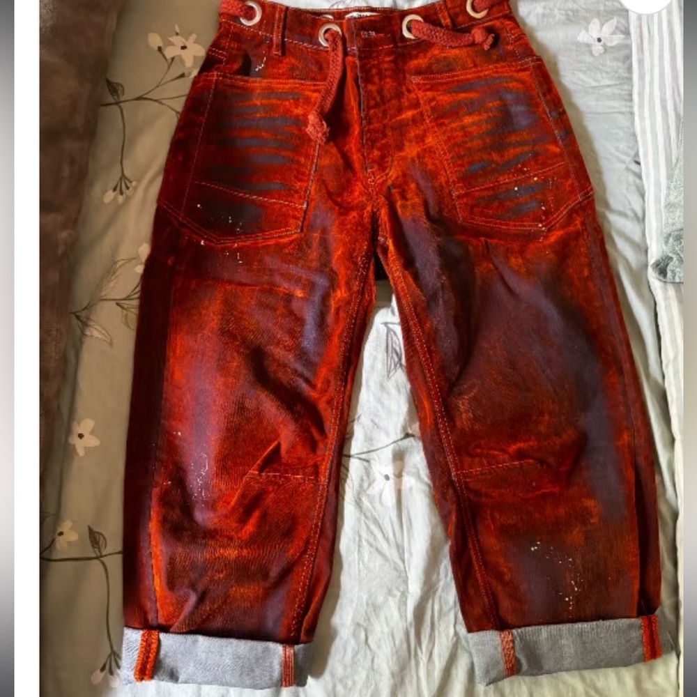 RARE WE THE FREE PEOPLE Tangerine Moxie Barrel Flocked Jeans Orange ๐ - Picture 5 of 14